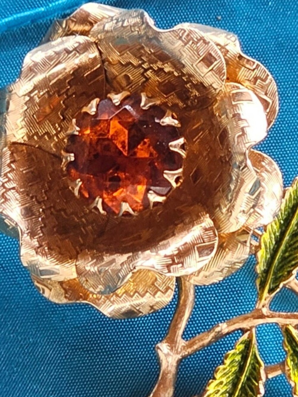 Vintage Gold Flower Brooch with Amber Center and Green Enamel Leaves